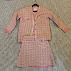 Sandro Tweed Pink Sweater Jacket and Mini Skirt Set